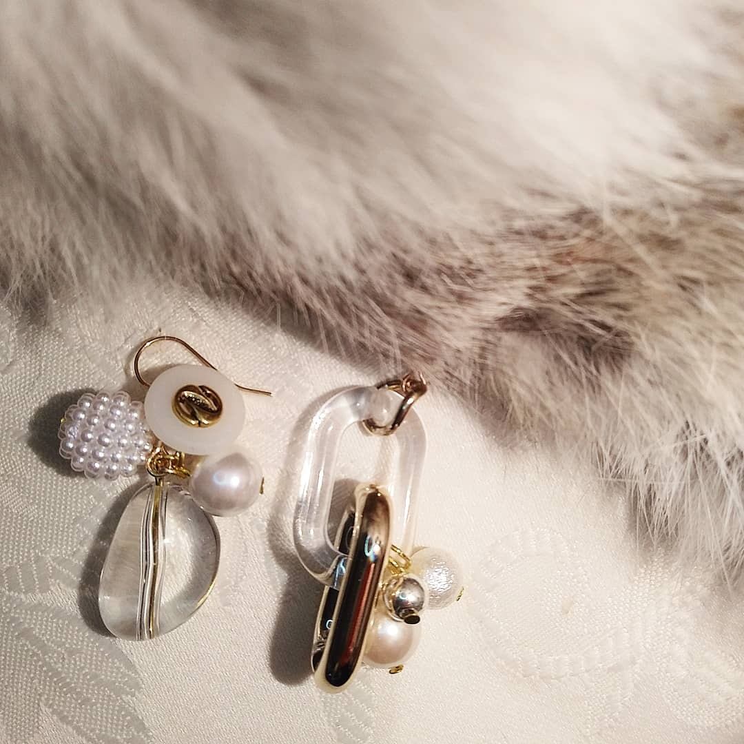 クリスタル×アンティークパールビジュー アシンメトリーピアス クリア 