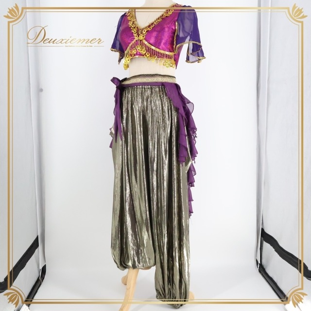ベリーダンス アラジン 衣装 上下セット レディース パープル系 紫 ゴールド スパンコールラメ 装飾 レース フリル 舞台 発表会 イベント アラビアン コスプレ 服装 セットアップ 舞台衣装 ハーレムパンツ 女性用 パーティー ダンス