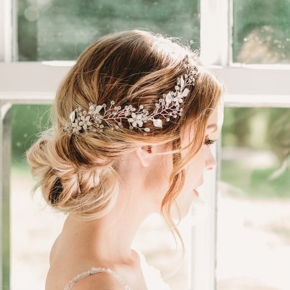 フラワー リーフ 小枝 カチューシャ ヘッドドレス カチューム シルバー 結婚式 Aile Bouquet