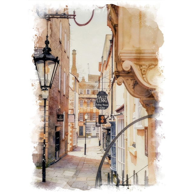 絵画 イギリス 風景画(街並み) バース のレストラン博物館 インテリアアート額付き 水彩画・油絵調 WAT0293