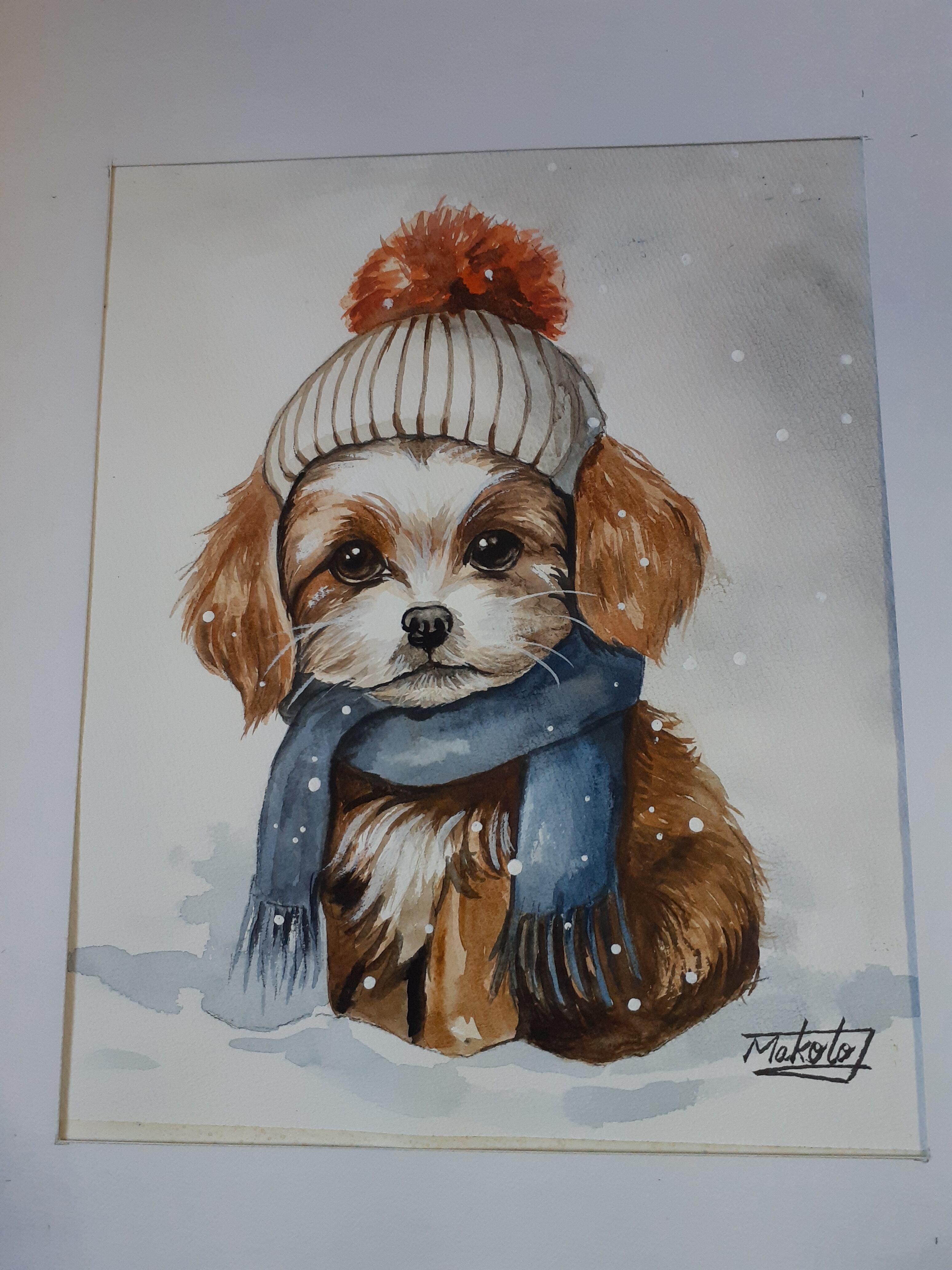 水彩画 雪上の可愛い子犬 | 工房 和み