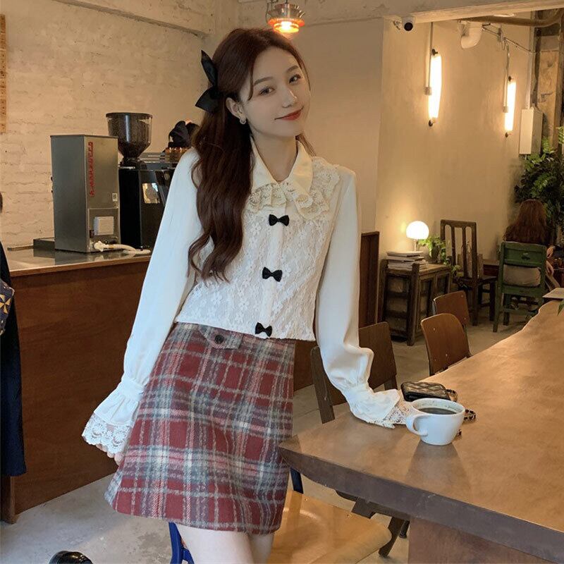 スプリングレースシャツ 格子柄スカート ストリート 大人ガーリー スウィート キュート カジュアル 春物 ステッチ 萌量不足84949647308