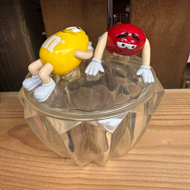 1990s m&m'sキャンディディッシュ 蓋付きクリアボウル / エムアンドエムズ レッド＆イエロー