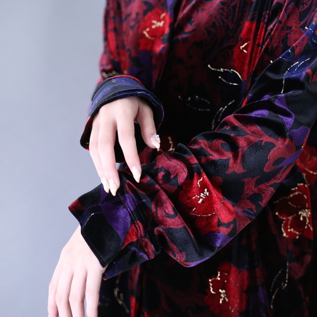 elegant flower art pattern mao-collar velours shirt