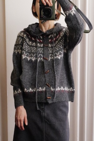 nordic knit hood cardigan  gray