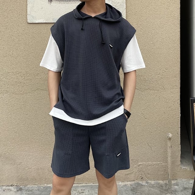 予約販売】メンズ セットアップ 上下 ハーフパンツ 半袖 重ね着風