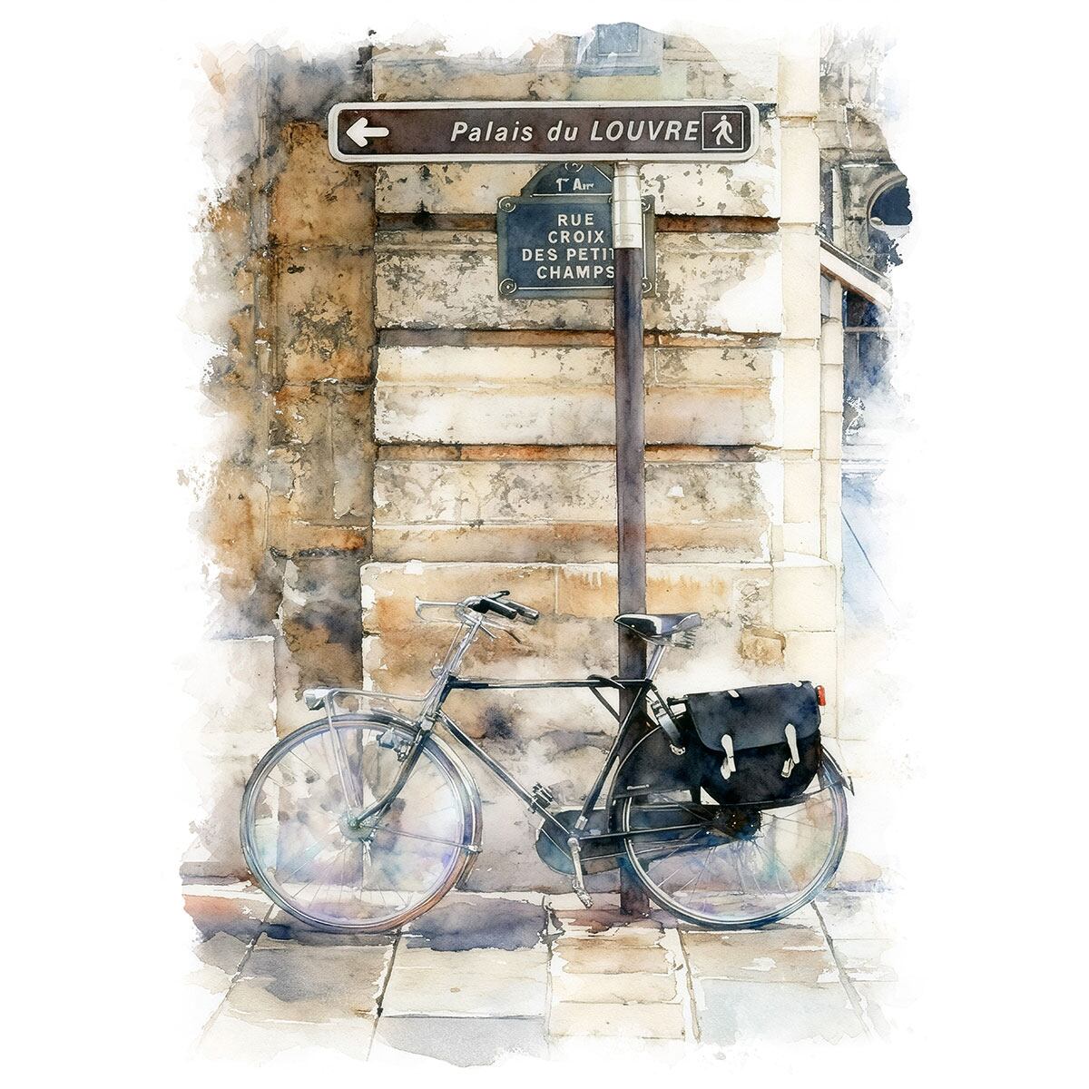 絵画 フランス 風景画(街並み) パリ 自転車のある風景 インテリアアート額付き 水彩画・油絵調 WAT0212