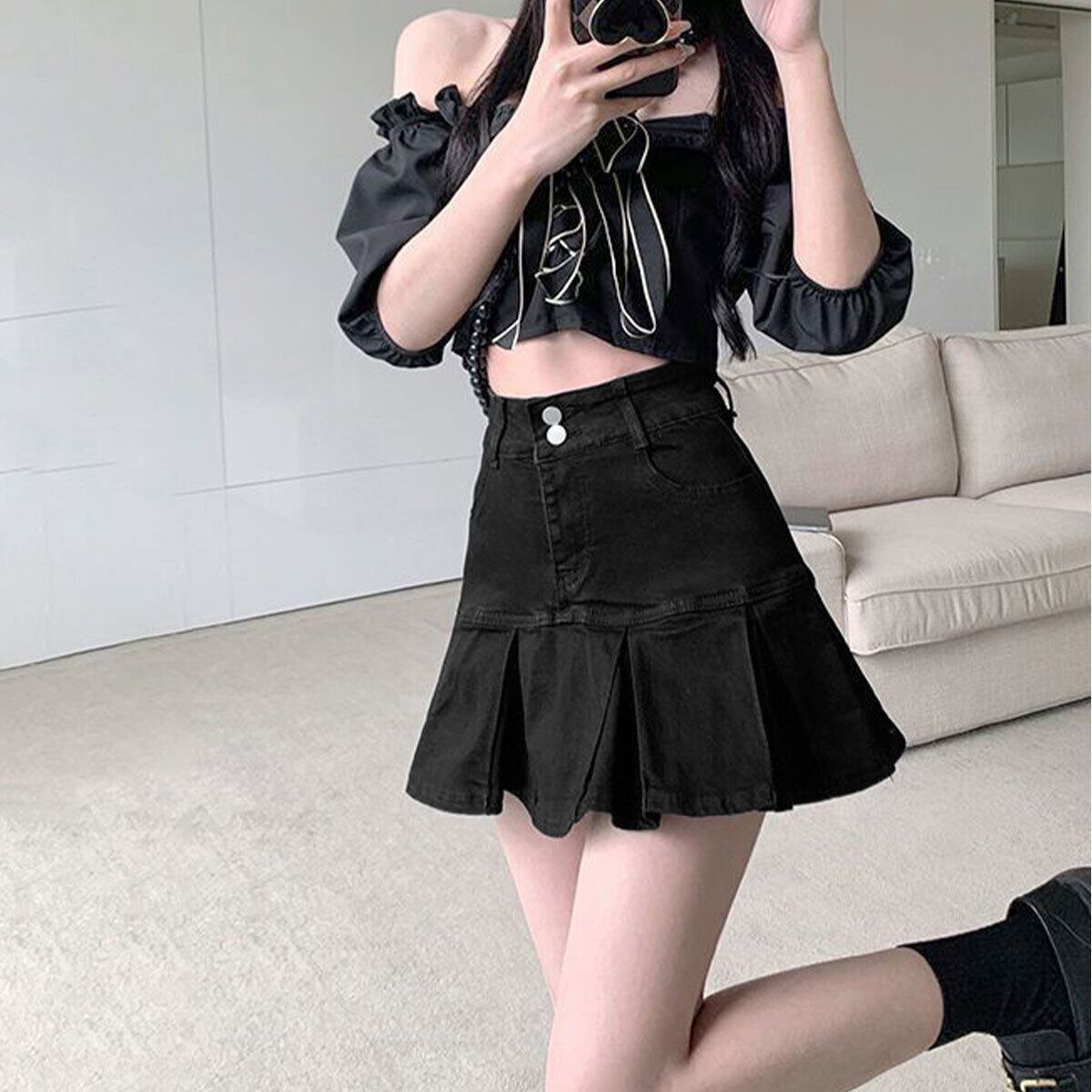 デニム スカート プリーツ ミニスカート レディース 韓国 インナーパンツ付き 大人 カジュアル かわいい おしゃれ ハイウエスト Aライン レトロ デニムスカート 大人可愛い 大人女子