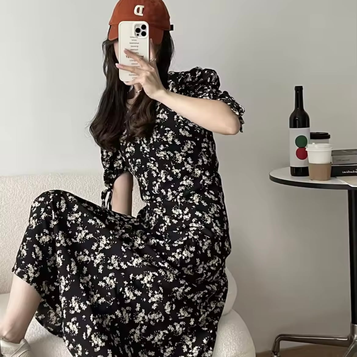 ギャザースリーブフラワーワンピース