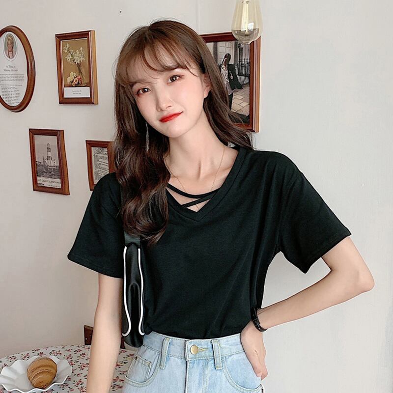 ブラックTシャツ サマーレッドルーズVネック 夏物 試着室69669577145