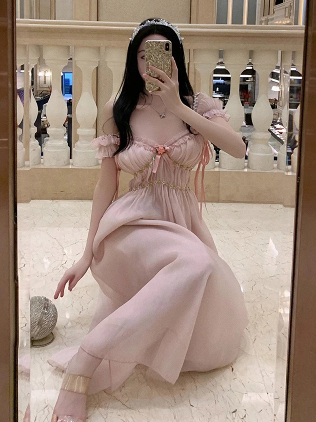 【0237】Pink Flower Shiffon Short Sleeve Dress