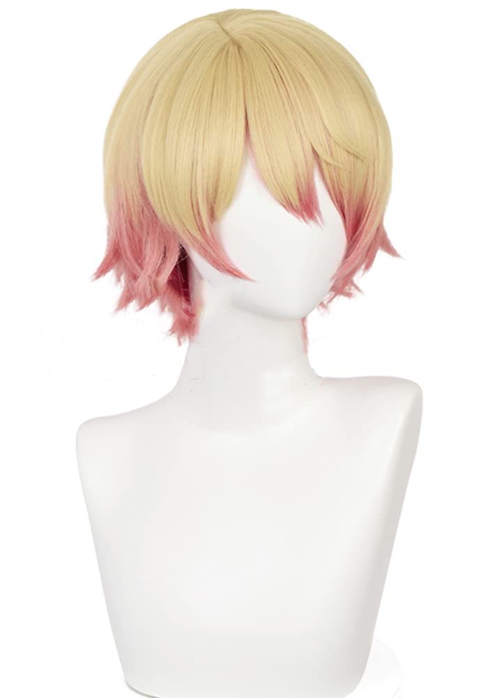【新着特価】コスプレウィッグ 天馬 コスチューム小物 専用ネットと櫛付 耐熱 かつら イエロー ピンク ミックス cosplay wig 学園祭 イベント ハロウィン (天馬 司(てんま つかさ))