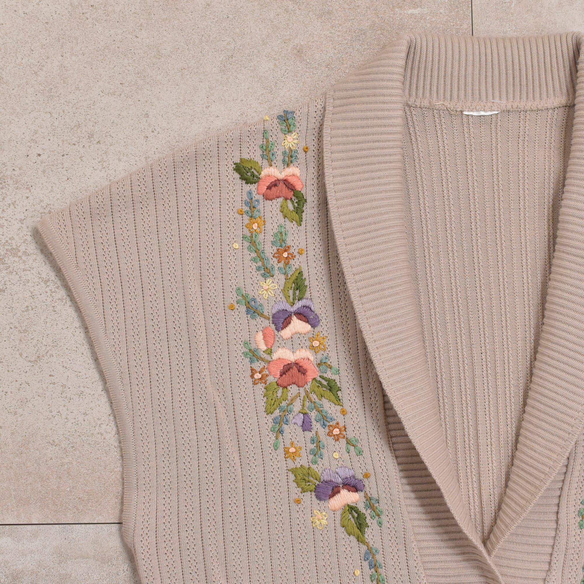 80～90s Flower embroidery rib knit sleeveless cardigan Jp vtg