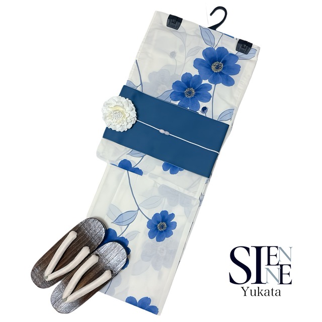 浴衣ジェンヌ 浴衣5点セット オフホワイトにブルーの花 綿 ゆかた 半幅帯 浴衣
