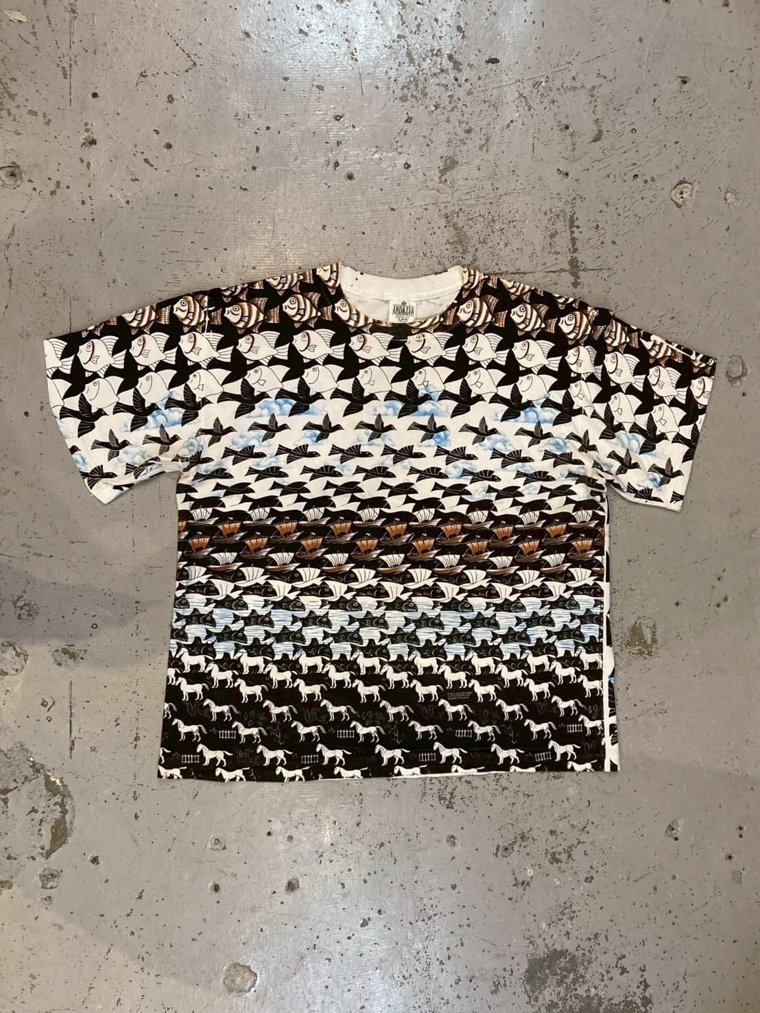 VINTAGE 90's M.C.ESCHER ALL OVER PRINT T-SHIRT ANDAZIA MADE IN USA