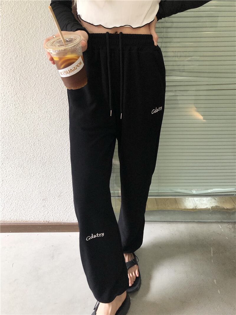 ブラックハイウェストカジュアルパンツ スプリングオータムルーズワイドレッグ 春物 秋物 ワイドパンツ モンロー75544542752