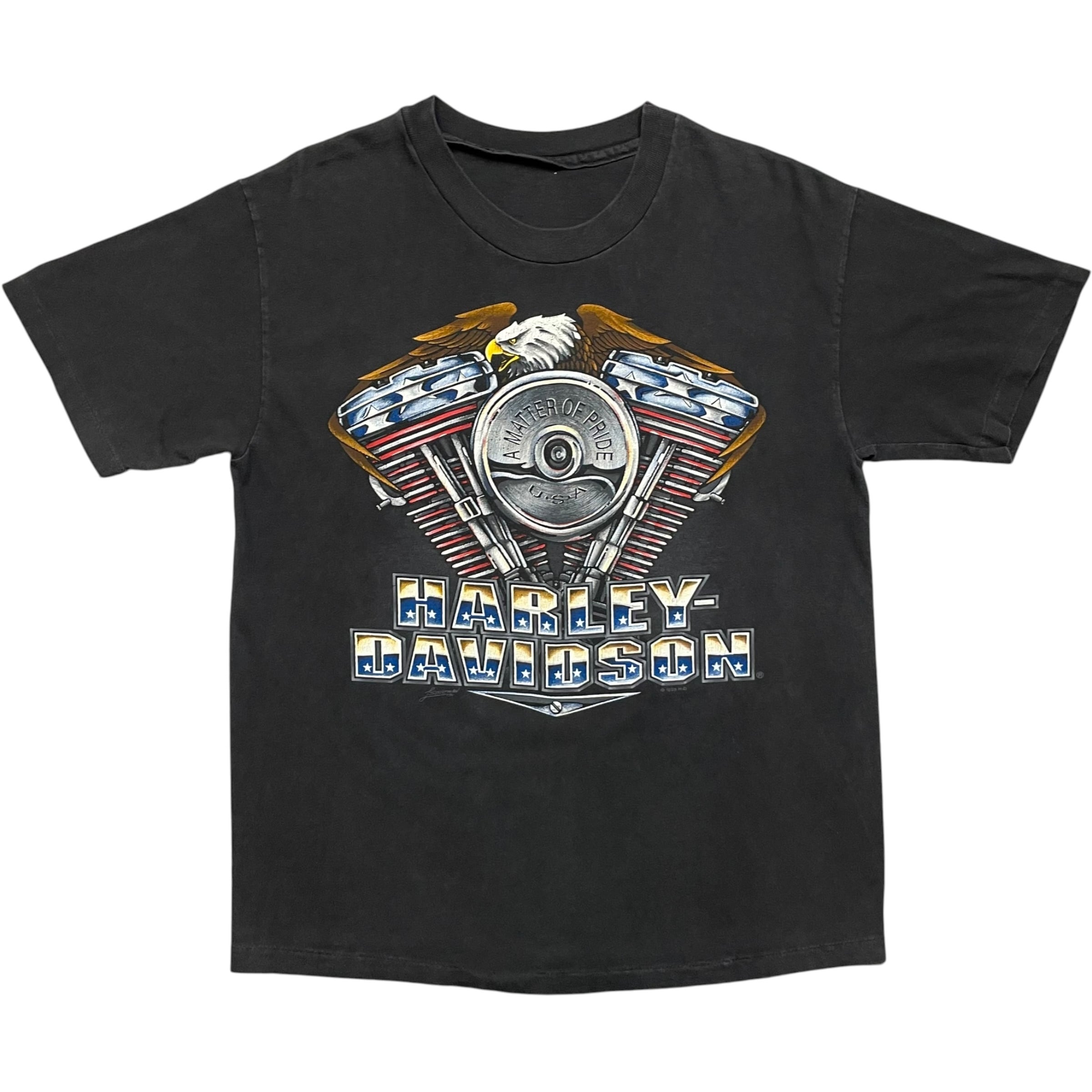 《M》 Harley-Davidson ハーレーダビッドソン Tシャツブラック プリントデザイン シングルステッチ 首元ほつれ有 タグ欠品 90年代 vintage no.10140