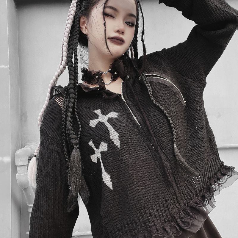 サブカル 服 地雷系 通販 Miub セーター ジャケット パーカー フリル ジッパー ダメージ加工 ゴシック パンク系 十字架 バンギャ 闇かわいい