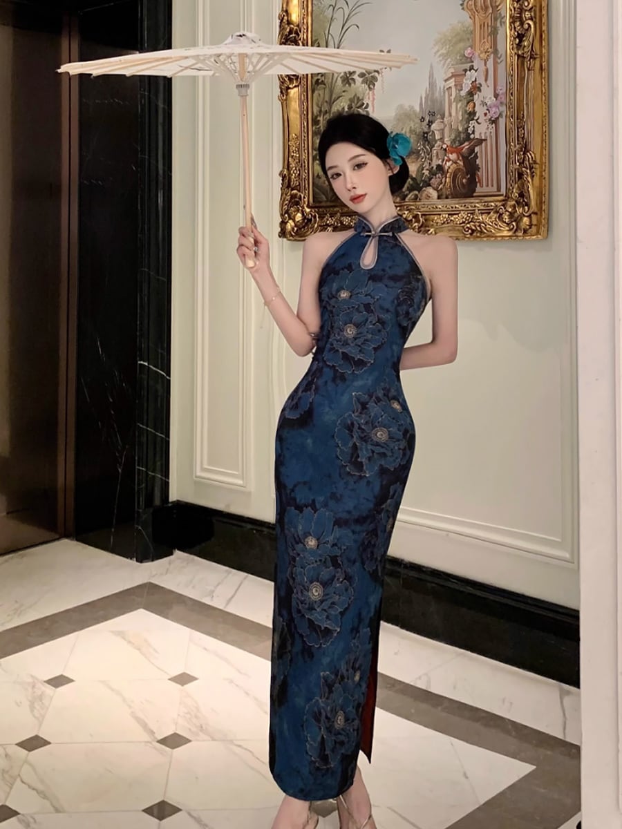 花柄 ホルターネック風ロングチャイナドレス アオザイ チャイナドレス