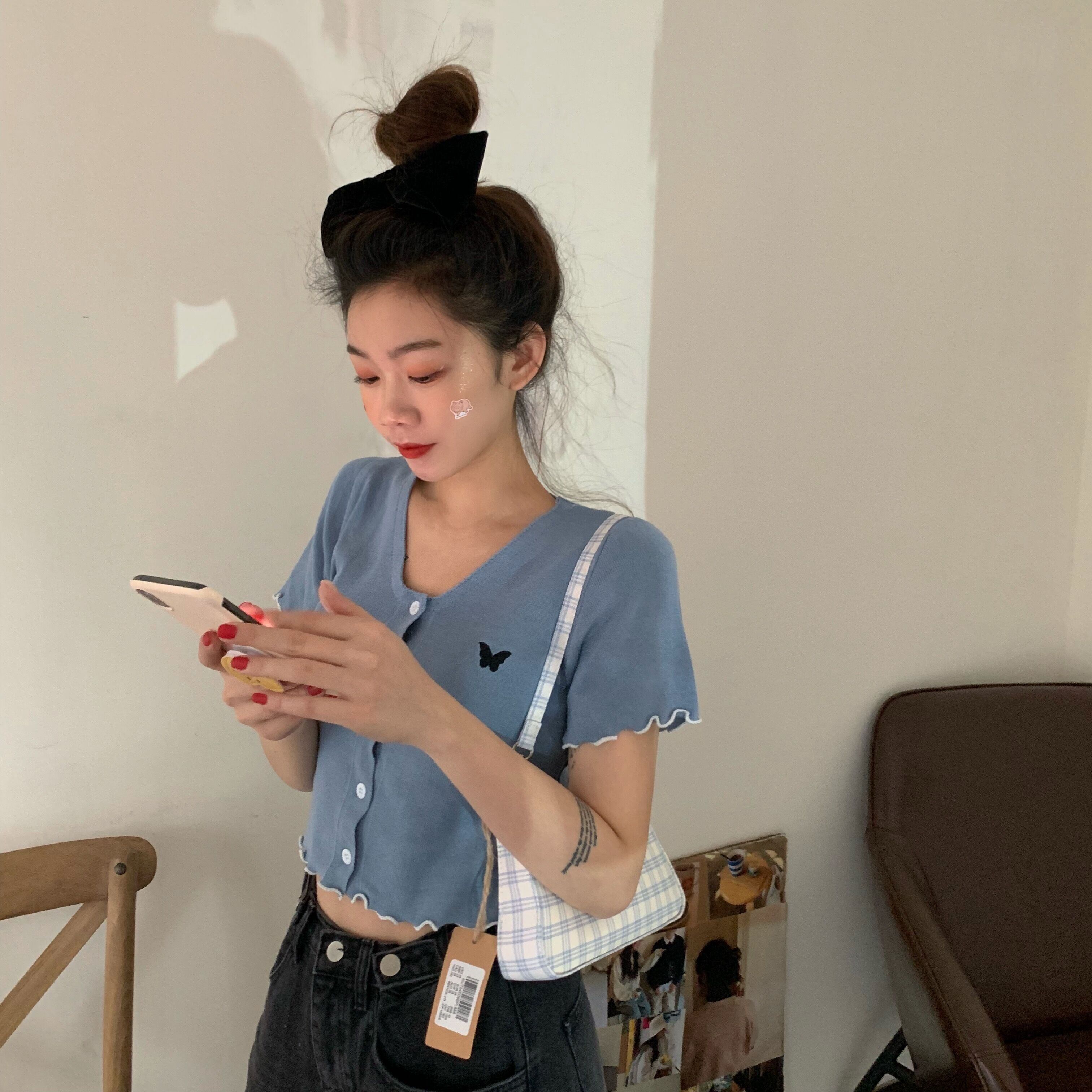 サマーButterflyデザイン 半袖スリーブラウンドネックレーススリムカーディガン ショート レッド ハーフスリーブ 刺繍 夏物 Oネック モンロー59489422842