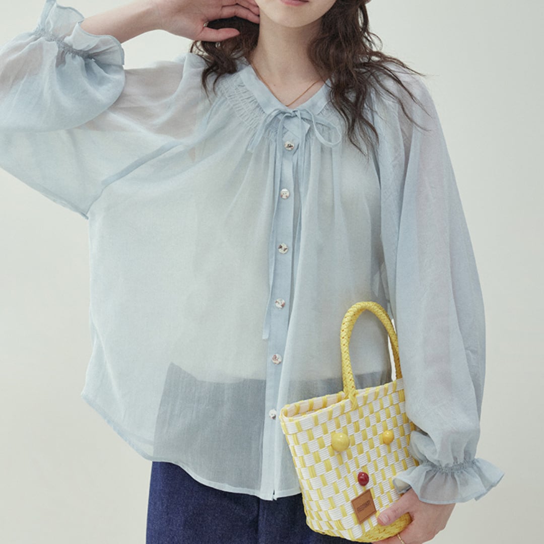 blue single breasted sheer lace up v neck top