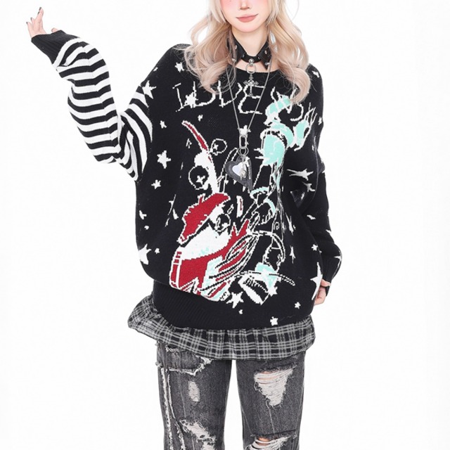 ボーダーストールセットアップパンクグラフィックニット（2カラーあり）（lli_6295）