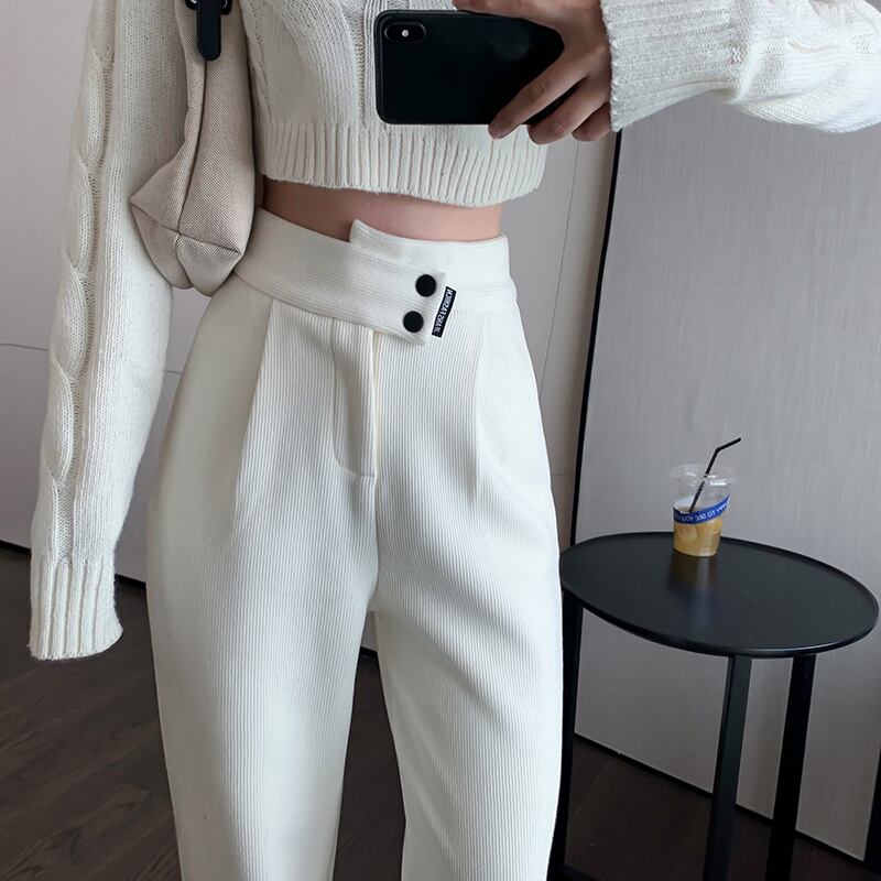 コーデュロイカジュアルパンツ オータムウィンターハイウェストウェストルーズ 秋物 冬物 ブラックストロベリース22945667590