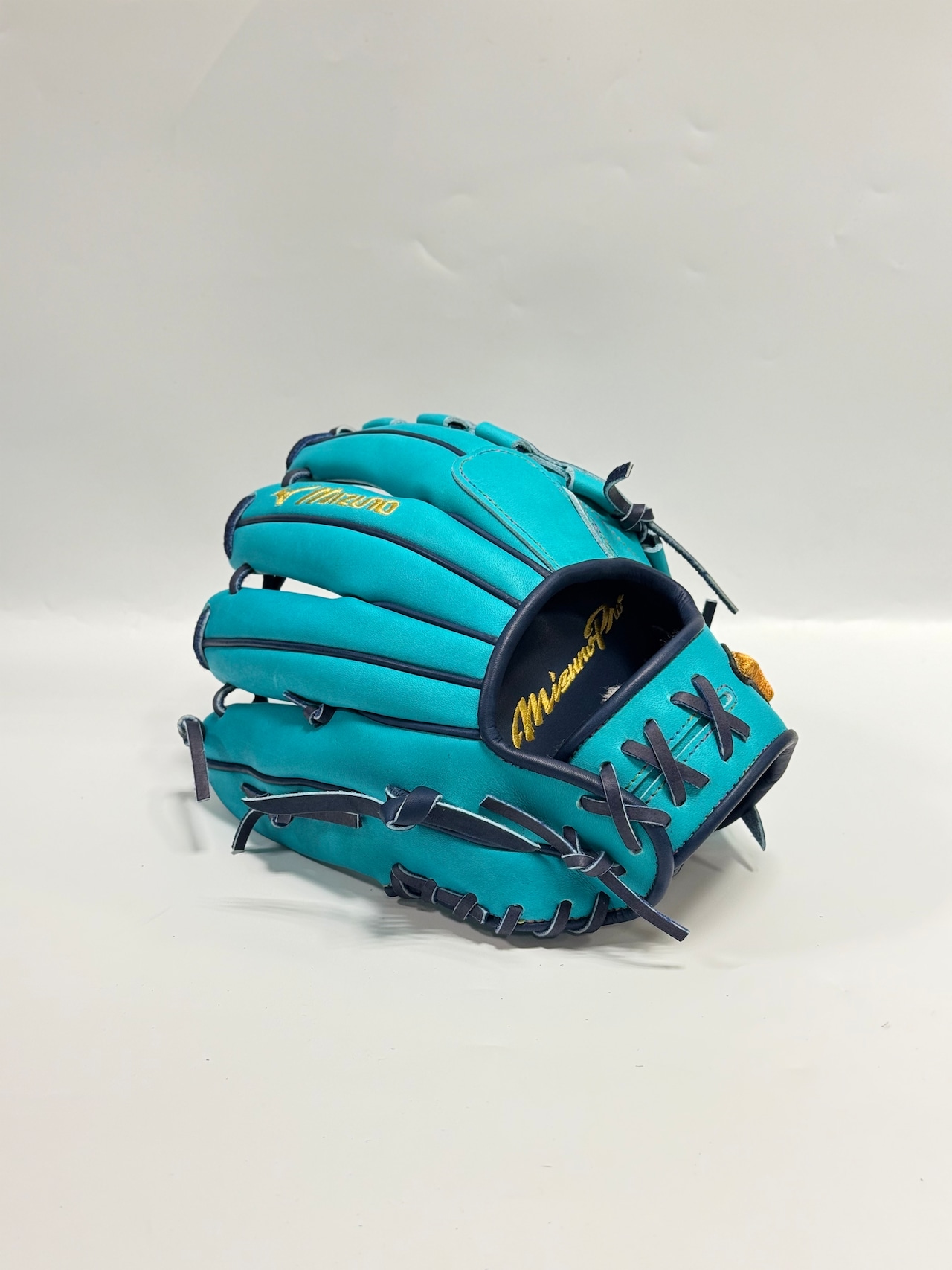MIZUNO PROーミズノプロ 軟式グローブ ミチイ店舗別注オリジナルグラブ 右投げ用 内野手AXIモデル 5mm大 ヒスイ/Dブルー×Dブルー タータン1ウェブ・画像3