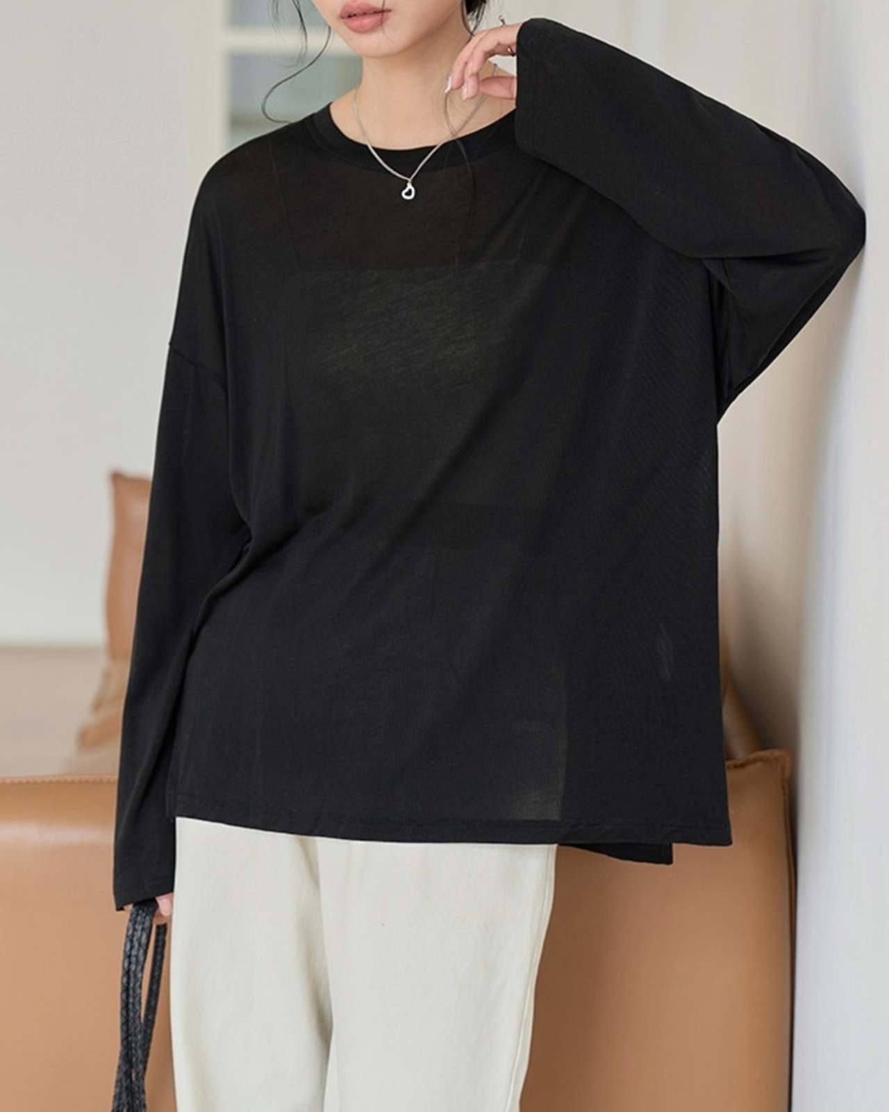 サイドスリットクルーネックシアーTシャツ A1088 - 3
