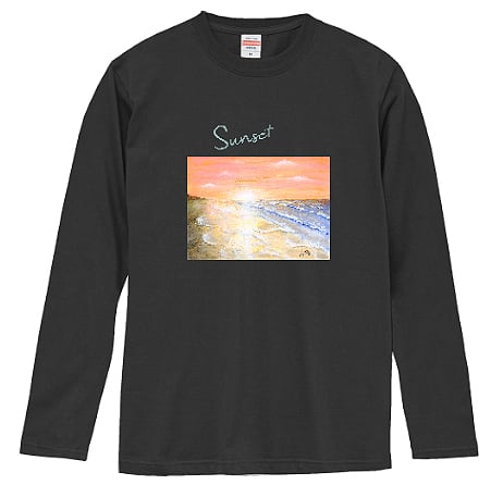 リブ付き長袖Tシャツ。SX～XXL。オシャレなイラスト付ロンT。sunset2