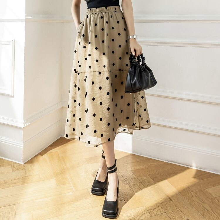 スカート レディース シフォンカート ロング ロング丈 ひざ下 Aライン ハイウエスト ウエストゴム 透け感 チュール かわいい 大人可愛い きれいめ シンプル 大人 上品 おしゃれ お洒落 送料無料 ラブリー キュート フェミニン ドット柄 水玉 春 夏 秋 10代 20代 30代 40代 オフィス ビジネス OL 通勤 学生 通学 デート 休日 着回し 普段使い 韓国 韓国系 ファッション コーデ スタイル モテ 体型カバー 美脚 脚長 S M L XL 黒 ブラック 白 ホワイト カーキ ベージュ