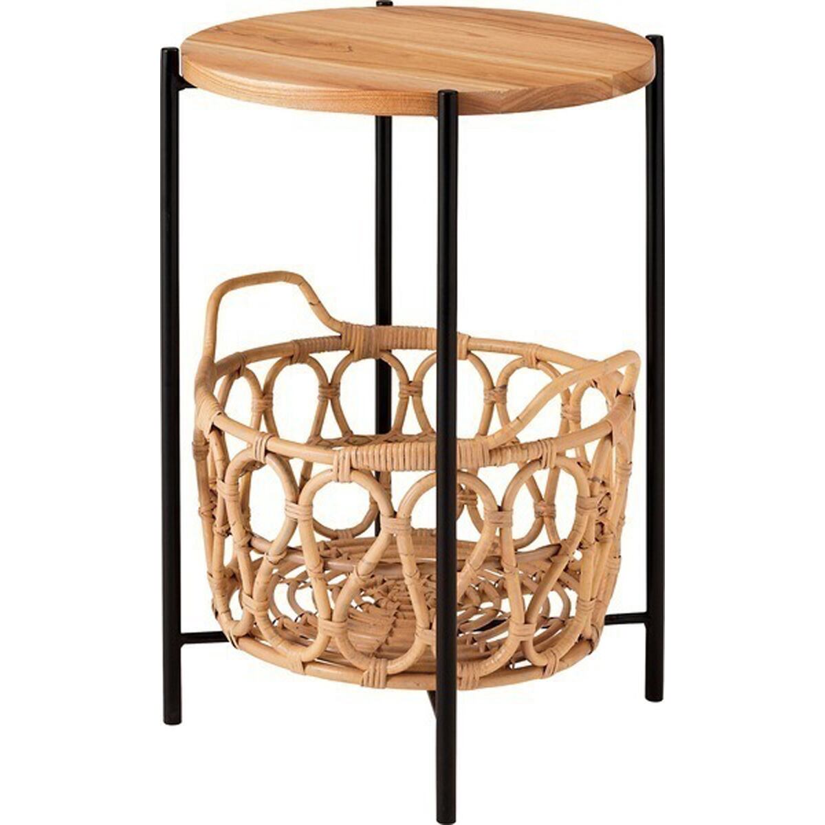 バスケット付きサイドテーブル 天然木 ミンディ ラタン ラッカー塗装 スチール 粉体塗装