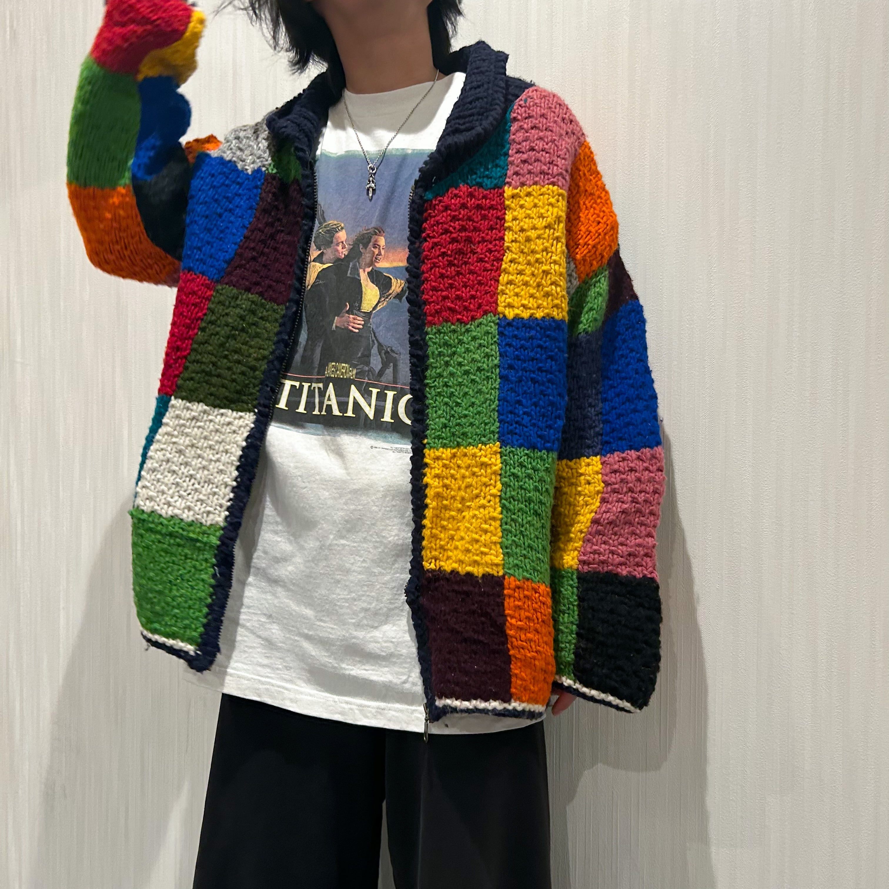 80s〜90s TEJIDOS IMALAYA full zip patchwork Ecuador knit【高円寺店 