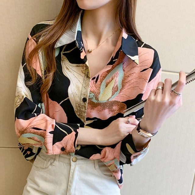 Polo collar elegant floral chiffon blouse