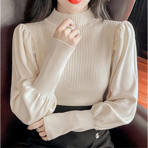 長袖タートルネック ボトミングシャツ カジュアル 無地 ボリューム袖 パフスリーブ バルーン袖 ニット ランタンスリーブ 大きいサイズ 3XL 冬服 レディーストップス 着痩せ お洒落 可愛い 長袖