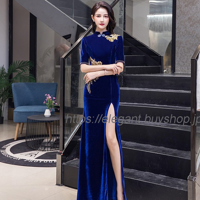 フィッシュテールドレス ベルベットチャイナドレス チャイナ風服 パーティードレス ロングドレス お呼ばれドレス イブニングドレス 大きいサイズ S M L LL 3L 4L セクシー エレガント ブルー 青い