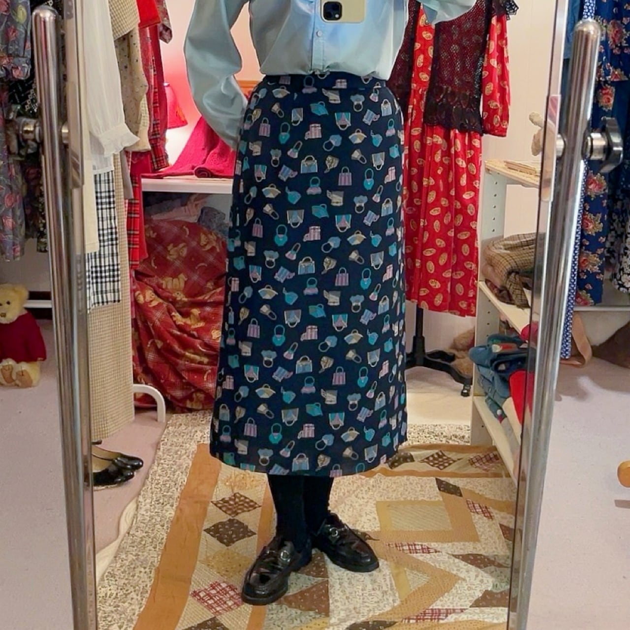 navy retro hand bag sheer skirt