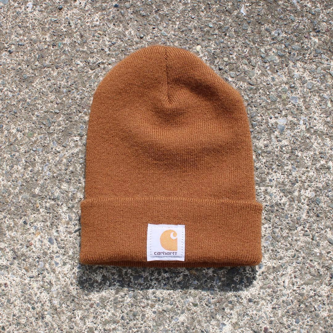【Free Size】古着 USA製 Carhartt カーハート ロゴパッチ 定番ニット帽 ブラウン
