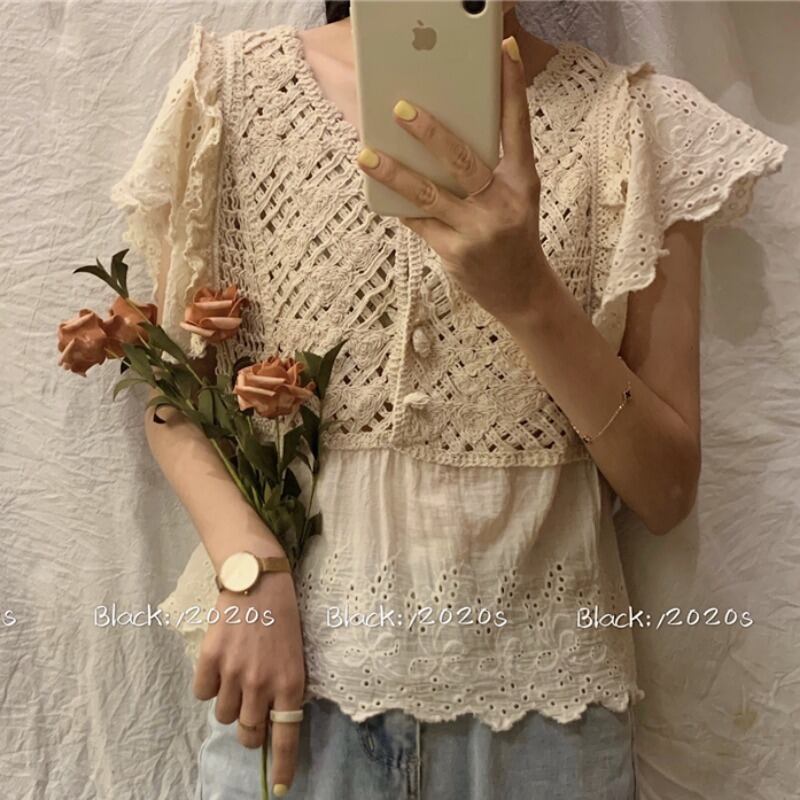 半袖2020年新作レディースサマードレスデザインフィーリングスケベ中空チェーンリンクフラワートップ露出鎖骨痩身VネックTシャツトレンド 1号婦人94616906181