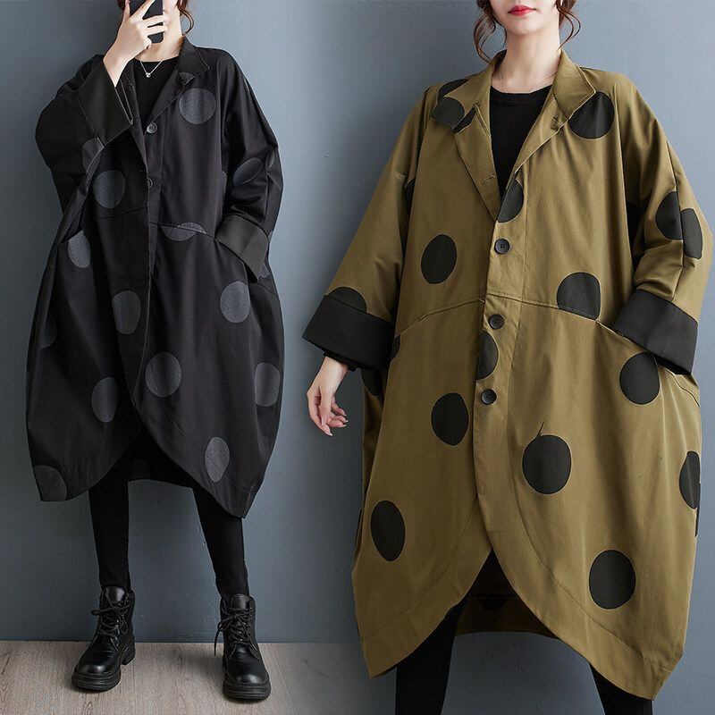 OVERSIZED POLKA DOT BATWING STAND COLLAR COAT M-18799
