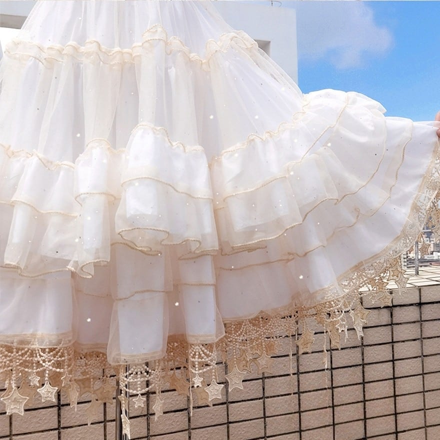 ✨新品タグ付き　海外LOLITA 星空チュールスカート / パニエ パニエ｜裾から星が覗く「星空の夜」レースパニエ（生成色）ロリータ