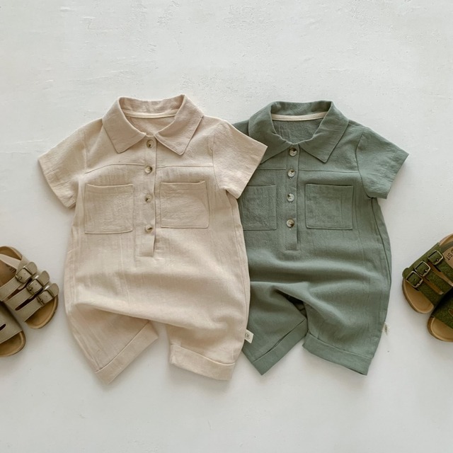 【BABY】夏作ベビー 開襟 半袖ロンパース ワークデザイン カバーオール