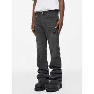 【DRIP5219】D/B Hem Pleated Washed Flared Denim