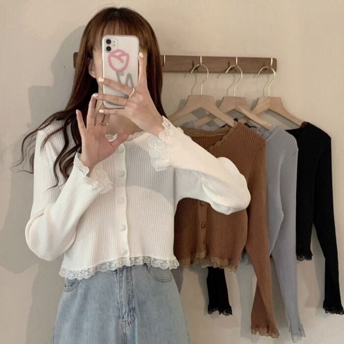 オータムブラウス レディースニットセーター レースカーディガン ロング 秋物 ステッチ 1号婦人21255331235