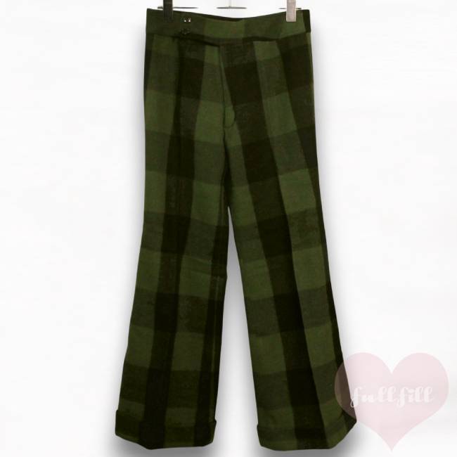 カーキグリーン チェック柄ウールワイドパンツ 古着 ヴィンテージ