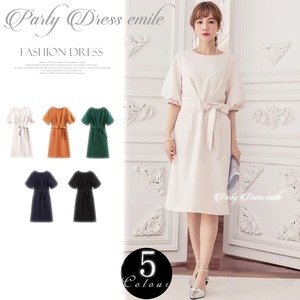 即日配送 送料無料 ふんわりリボンワンピースドレス パーティードレス ドレス ワンピース ミディアムドレス ふんわり 体型カバー 着痩せ リボン 袖有り 膝丈 結婚式 二次会 披露宴 謝恩会 パーティ パーティー ブライダル 通勤 入学 卒業 オフィス レディース 代 30代
