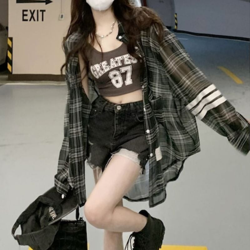 【韓国】 ツーピース ノースリーブ シャツ ワイドレッグパンツ セットアップ ツーピース タンクトップ ナンバー ロゴ 長袖