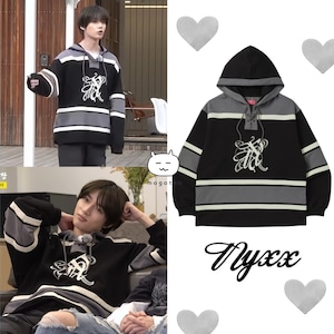 ★TXT ボムギュ 着用!!【NYXX】EMBLEM COLOR BLOCK HOODIE BLACK