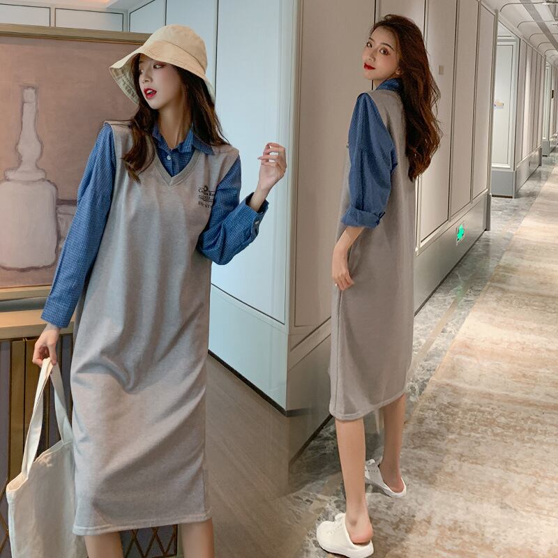 【新作】【送料無料】 マタニティウェア2020秋冬新作マタニティツーピーススーツラペルチェック柄シャツ+ニットミドル丈ベストスカート-アリババ オータム 秋物 ウィンター 冬物 expec215118233027