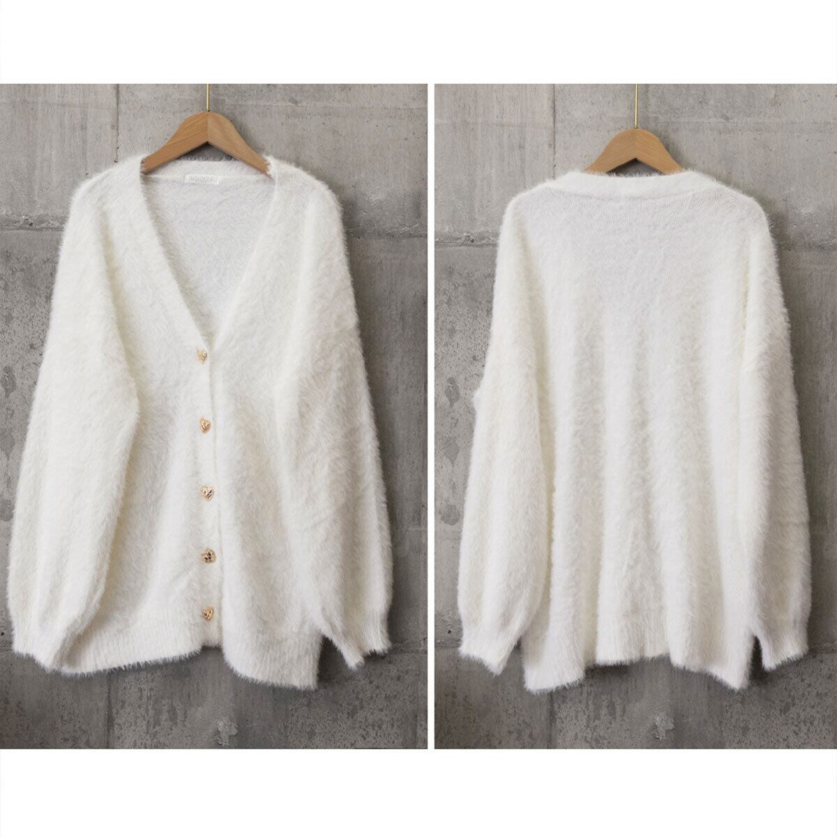 シャギーニット カーディガン ミンクタッチ レディース 秋冬 韓国 羽織り ハートボタン きれいめ おしゃれ 大人 かわいい ゴールドボタン 上品 シンプル ふわふわ 大人可愛い 大人女子